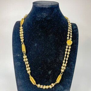 Vintage Gold-Tone Spring Coil Beads Faux Pearl Necklace With Floral Clasp Japan